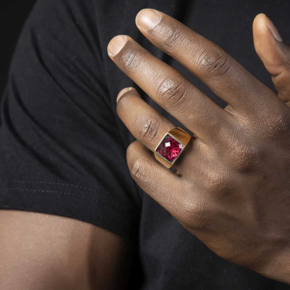 Zyan Gems | Exclusive Classic Gold Signet Statement Ring with Faceted Black Zircon/ Red Zircon, Sterling Silver Ring | Jewellery for Men