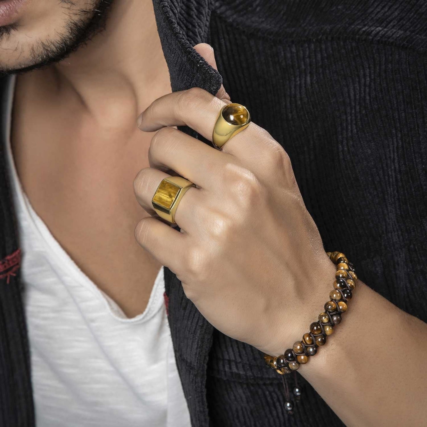 Zyan Gems | Exclusive Classic Gold Signet Statement Ring with Natural Pearl/ Tiger Eye, Sterling Silver Ring | Jewellery for Men