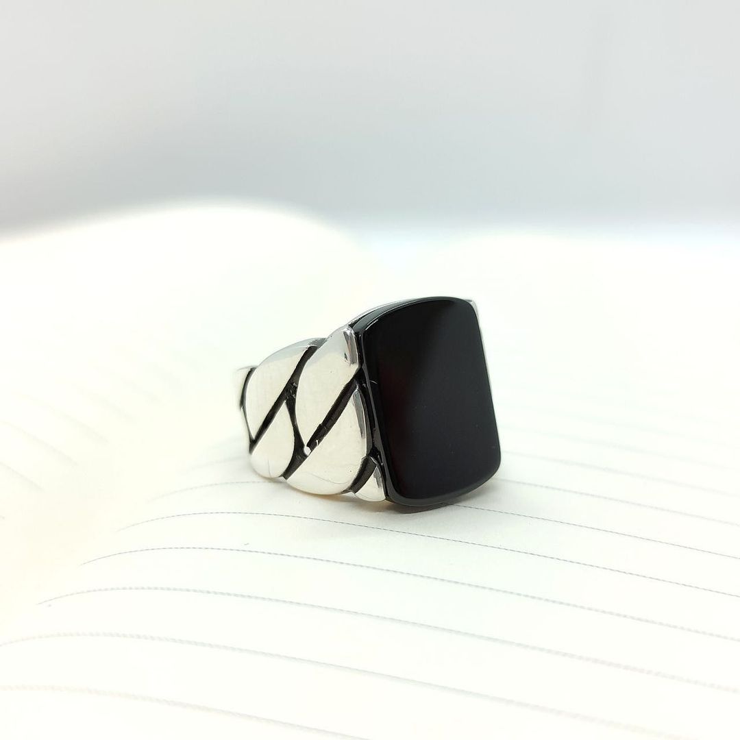 Zyan Gems | Unique Turkish Braided Style Ring with Natural Black Onyx | Sterling Silver Oxidized Ring