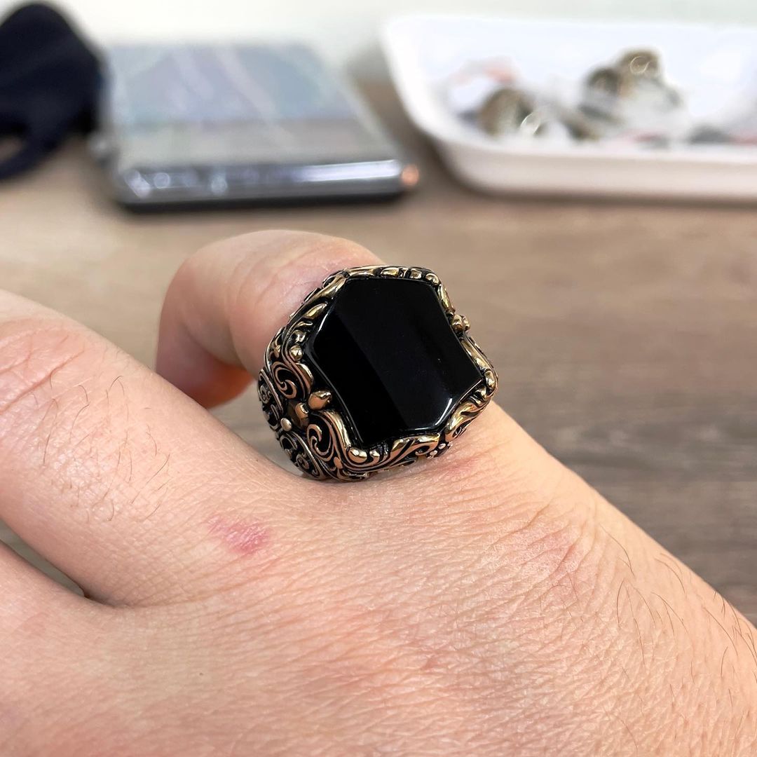 Zyan Gems | Unique Turkish Style Ring with Natural Black Onyx | Sterling Silver Oxidized Ring