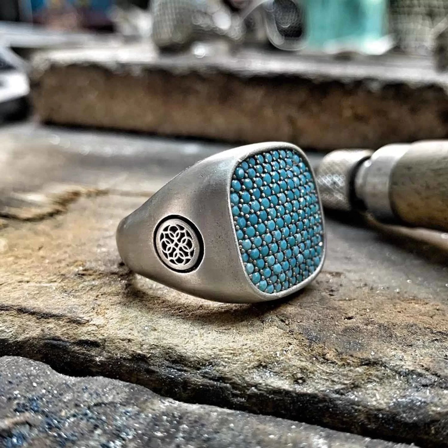 Zyan Gems | Unique Designed Turkish Style Ring with Multiple Natural Turquoise Stone Ring | Sterling Silver Oxidized Ring