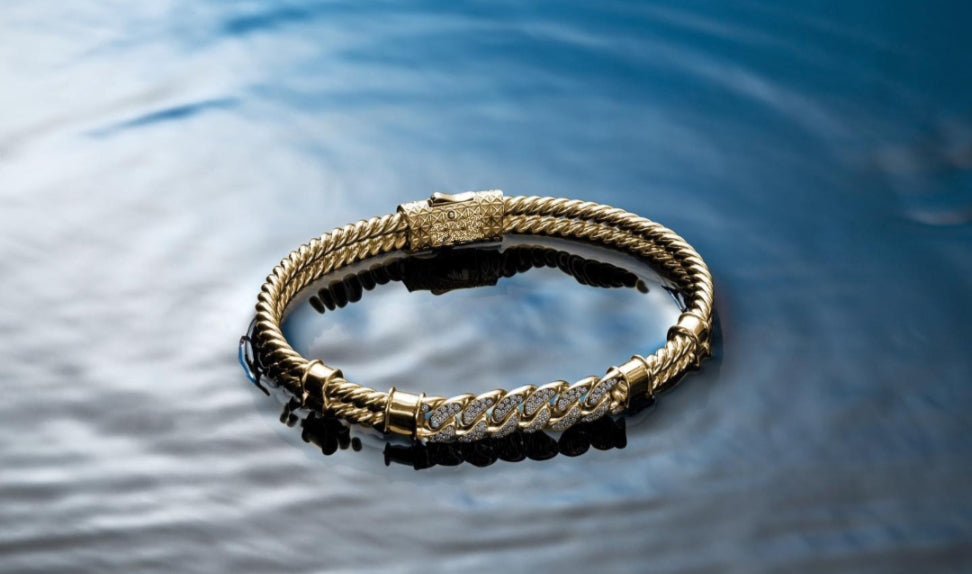Zyan Gems | Exclusive Iced Cuban Links Twined Bangle Bracelet for Men, Sterling Silver Micron Gold Plated Bracelet