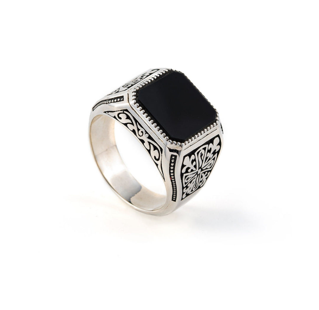 Zyan Gems | Unique Turkish Style Ring with Natural Black Onyx | Sterling Silver Oxidized Ring