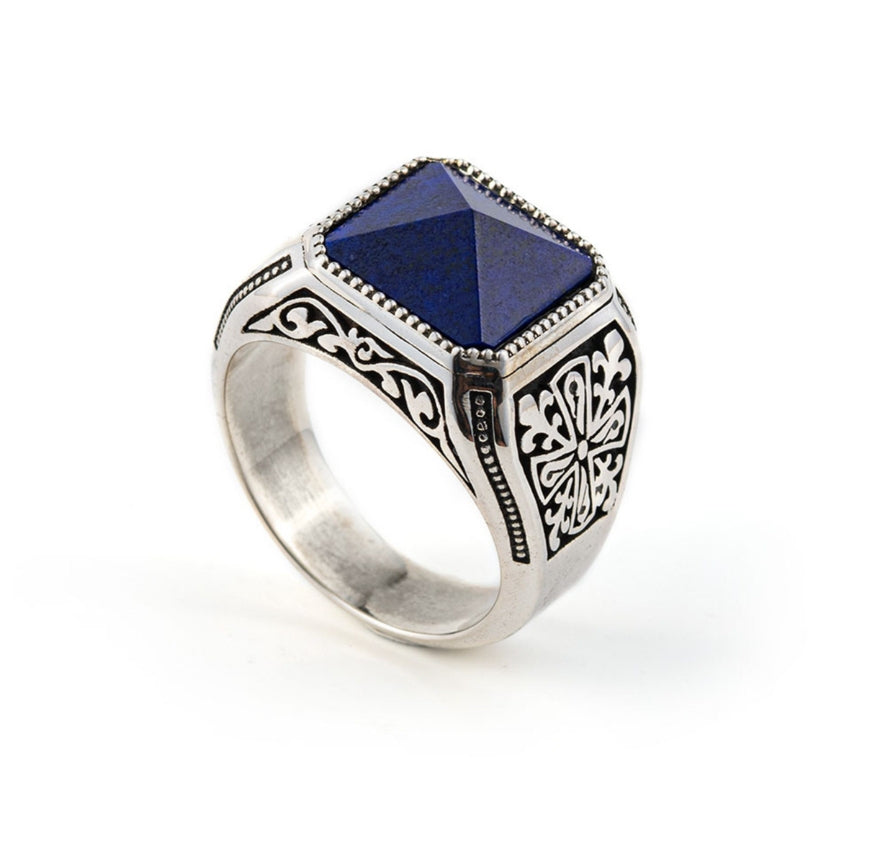 Zyan Gems | Unique Turkish Style Ring with Natural Lapis Lazuli | Sterling Silver Oxidized Ring
