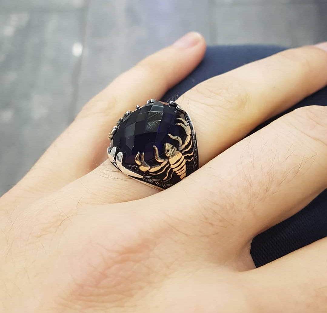 Zyan Gems | Unique Turkish Style Scorpion Ring with Faceted Black Zircon | Sterling Silver Oxidized Zodiac Ring