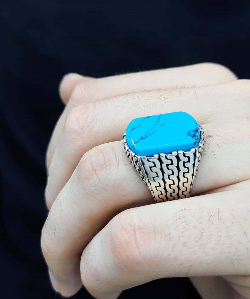 Zyan Gems | Unique Turkish Style Ring with Natural Irani Turquoise (Firoza) | Sterling Silver Oxidized Ring