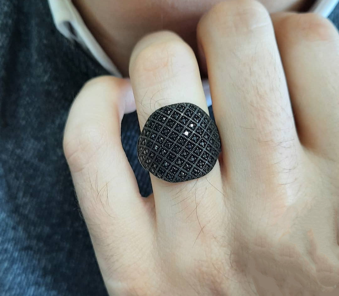 Zyan Gems | Unique Turkish Style Oxidised Silver Ring with Black Zircon| Sterling Silver Oxidized Ring