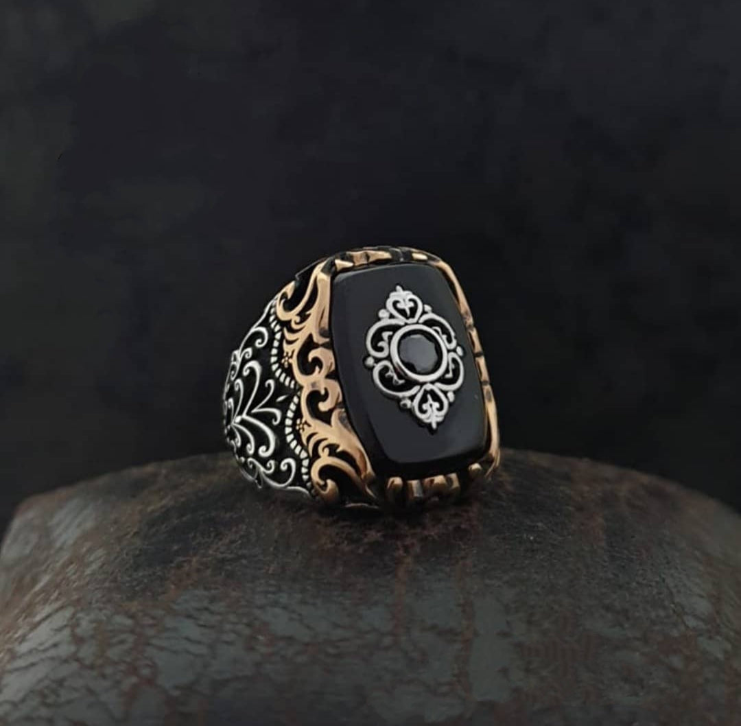 Zyan Gems | Unique Turkish Style Ring with Natural Black Onyx | Sterling Silver Oxidized Ring