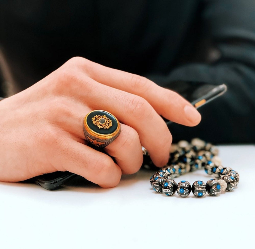Zyan Gems | Unique Turkish Style Ring with Natural Black Onyx | Black Rhodium & Gold Plated Sterling Silver Ring
