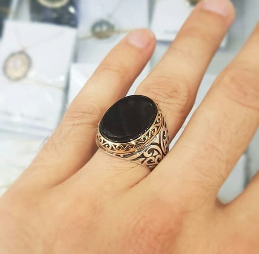 Zyan Gems | Unique Turkish Style Ring with Natural Black Onyx | Sterling Silver Oxidized Ring