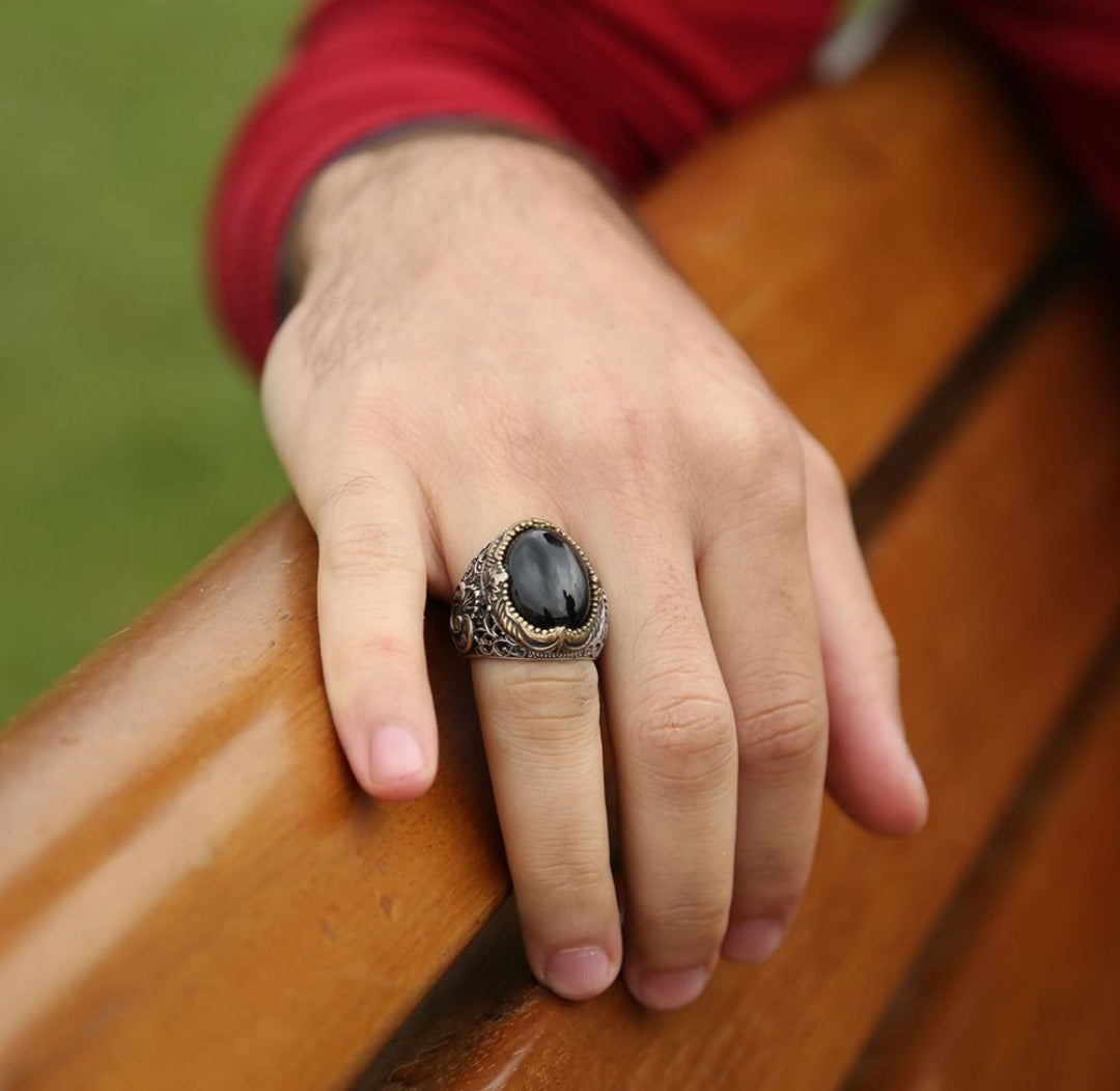 Zyan Gems | Unique Turkish Style Ring with Natural Black Onyx | Sterling Silver Oxidized Ring