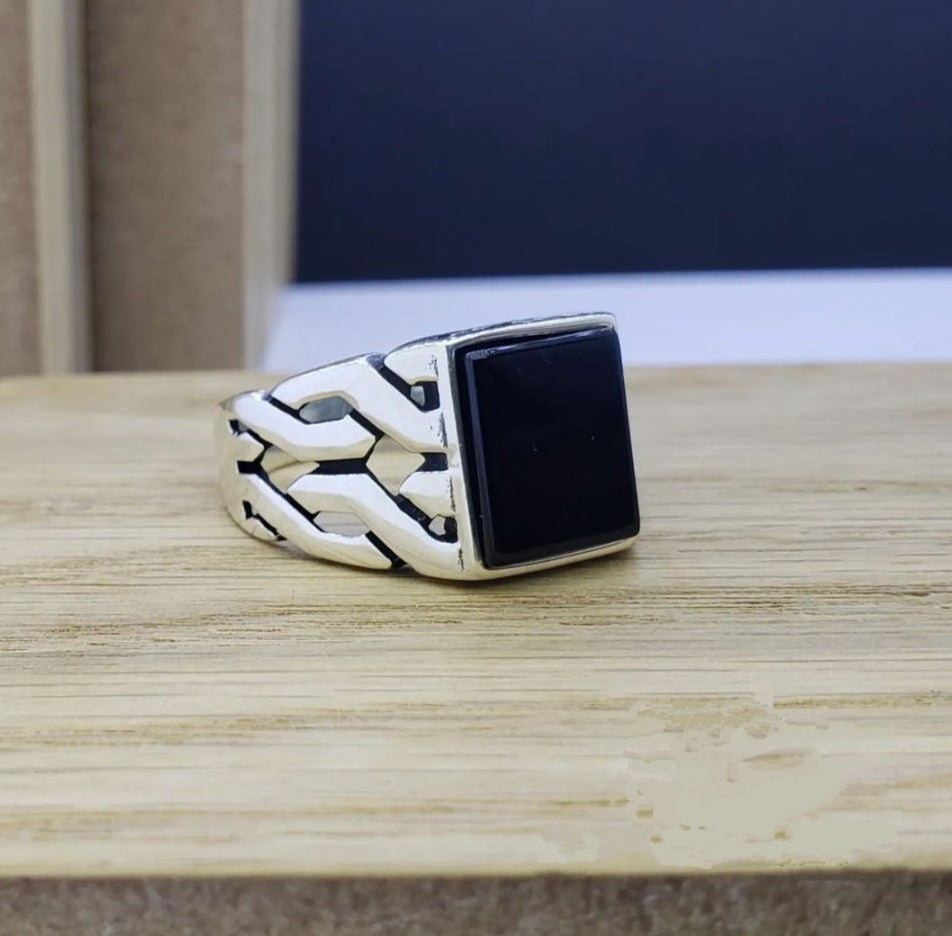 Zyan Gems | Unique Turkish Style Ring with Natural Black Onyx | Sterling Silver Oxidized Ring
