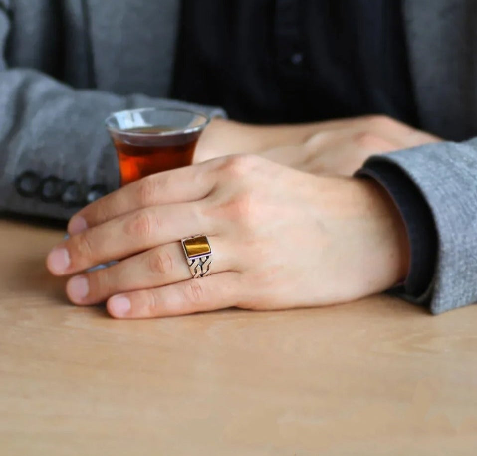 Zyan Gems | Unique Turkish Style Ring with Natural Tiger Eye | Sterling Silver Oxidized Ring