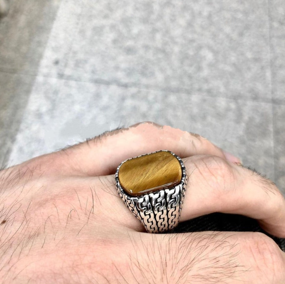 Zyan Gems | Unique Turkish Style Ring with Natural Tiger Eye | Sterling Silver Oxidized Ring