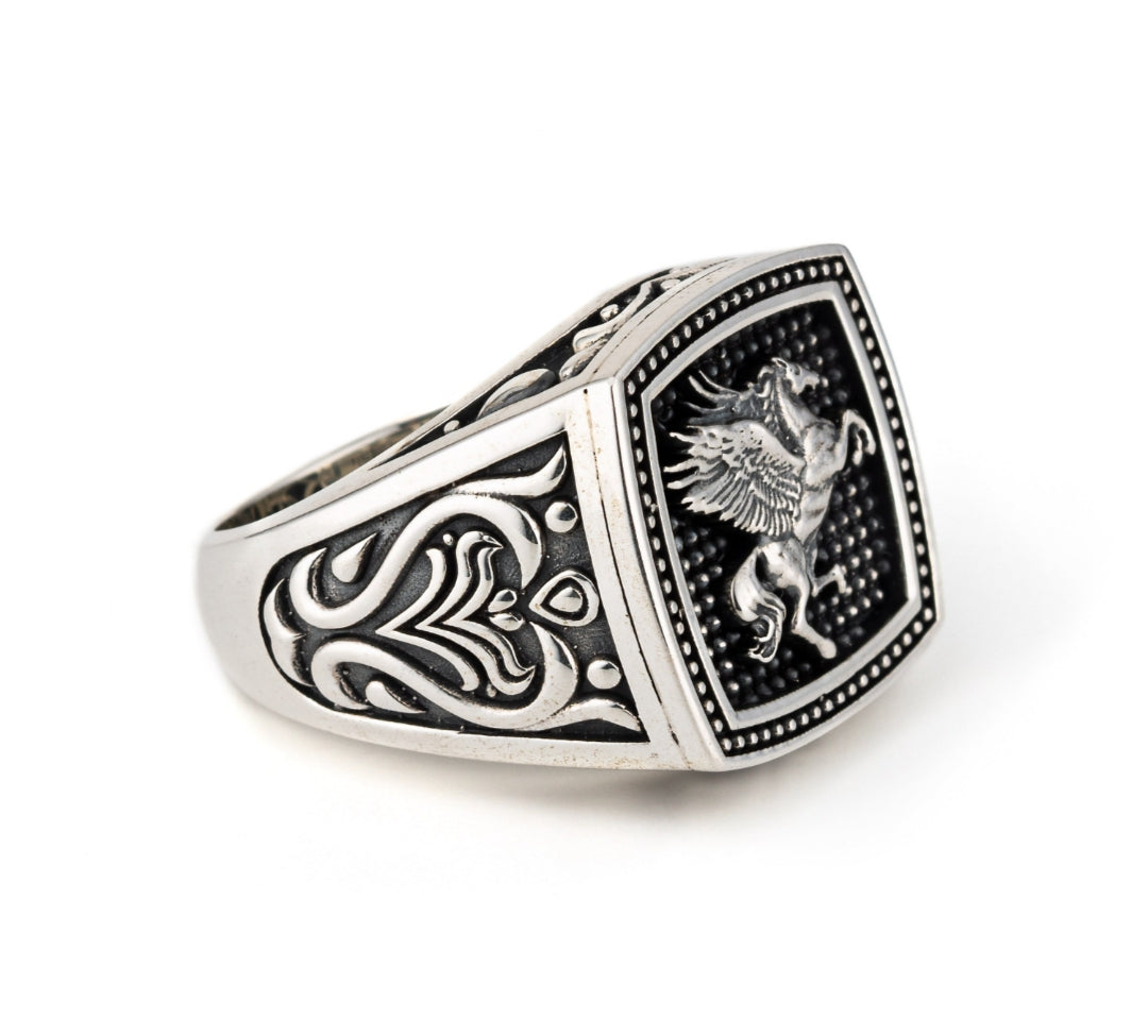 Exclusive Horse (Pegasus) Vintage Byzantine Style Signet Ring, Oxidized Sterling Silver Ring Authenticity and