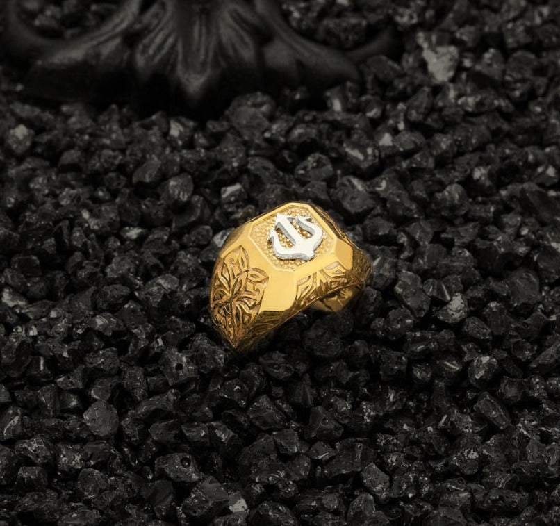 Zyan Gems | Exclusive Trishul Symbol Signet Style Ring for Men, Gold Micron Plated Sterling Silver Ring | Jewellery for Men