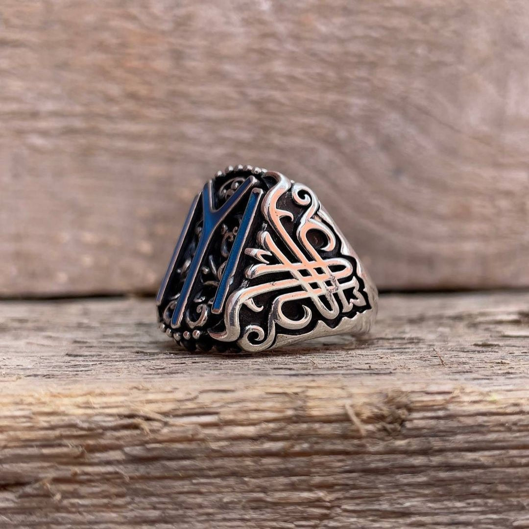 Zyan Gems | Unique Designed Kayi Ring with Blue Enamel | Sterling Silver Oxidized Ring