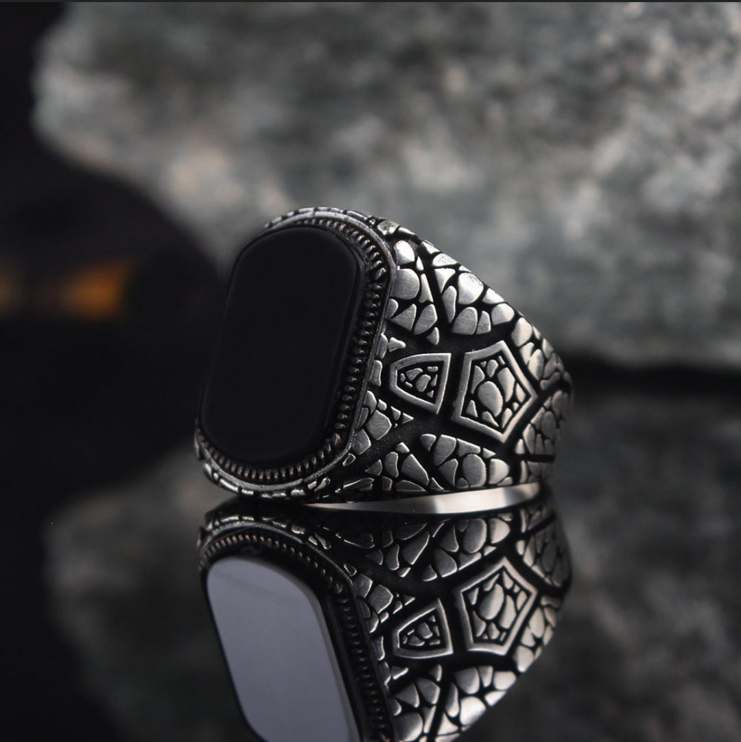 Zyan Gems | Unique Designed Turkish Style Ring with Natural Black Onyx | Sterling Silver Oxidized Ring