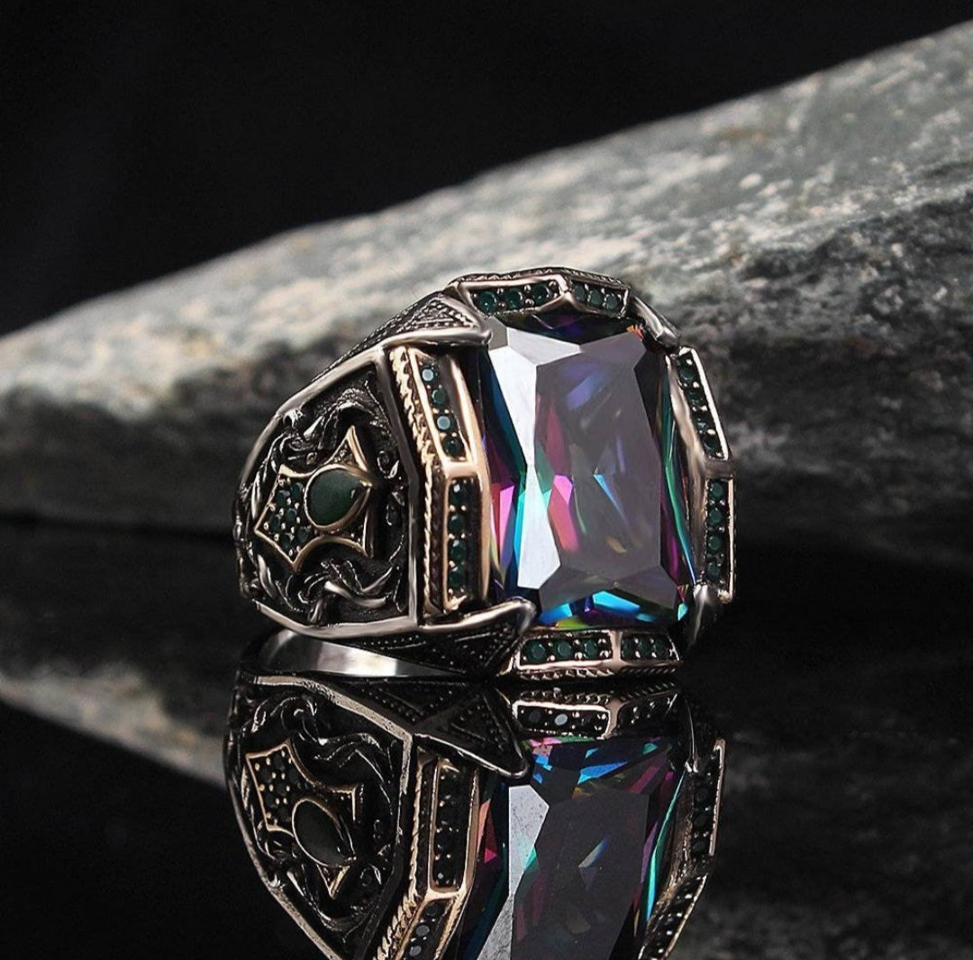 Zyan Gems | Unique Designed Turkish Style Heavy Ring with Multicolored Alexandrite | 925 Sterling Silver Oxidized Ring Jewelry Authenticity and 925