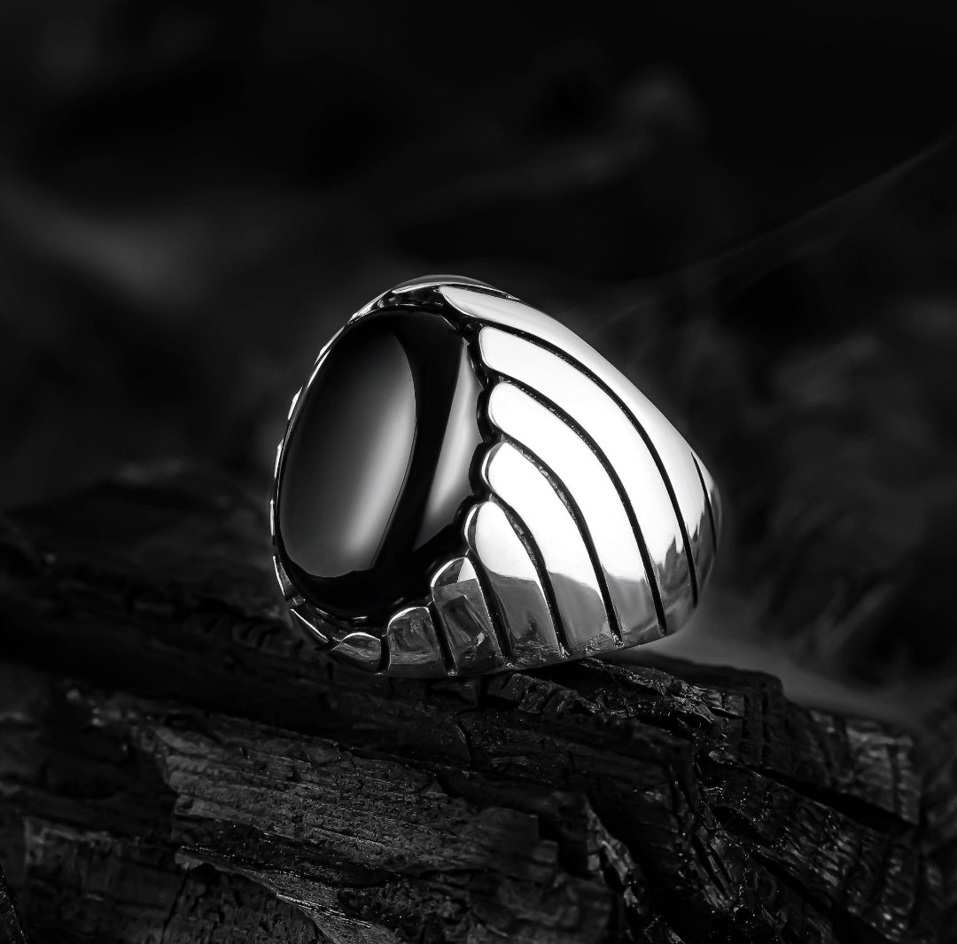 Zyan Gems | Unique Designed Turkish Style Ring with Natural Black Onyx , Sterling Silver Oxidized Ring
