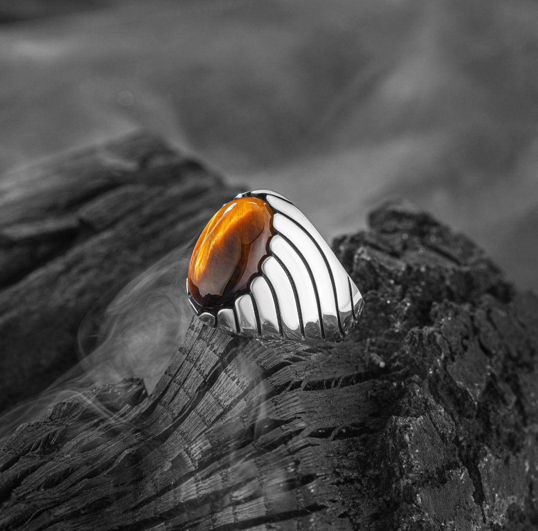 Zyan Gems | Unique Designed Turkish Style Ring with Natural Tiger Eye | Sterling Silver Oxidized Ring