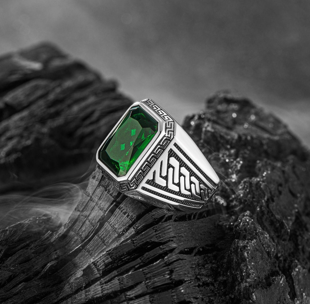 Zyan Gems | Unique Designed Turkish Style Ring with Green Zircon , Sterling Silver Oxidized Ring