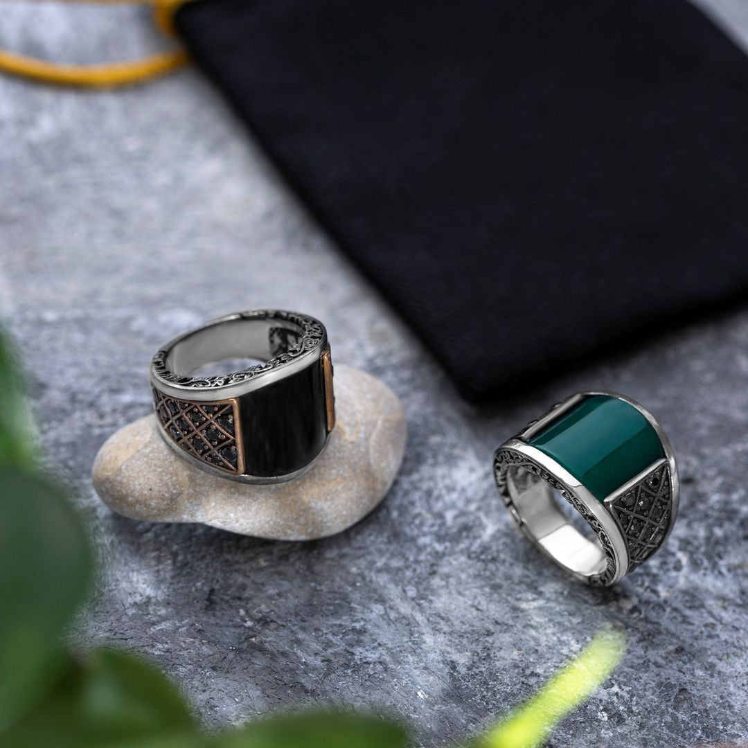 Zyan Gems | Unique Designed Turkish Style Curved Ring with Green Onyx | Sterling Silver Gold Plated Ring
