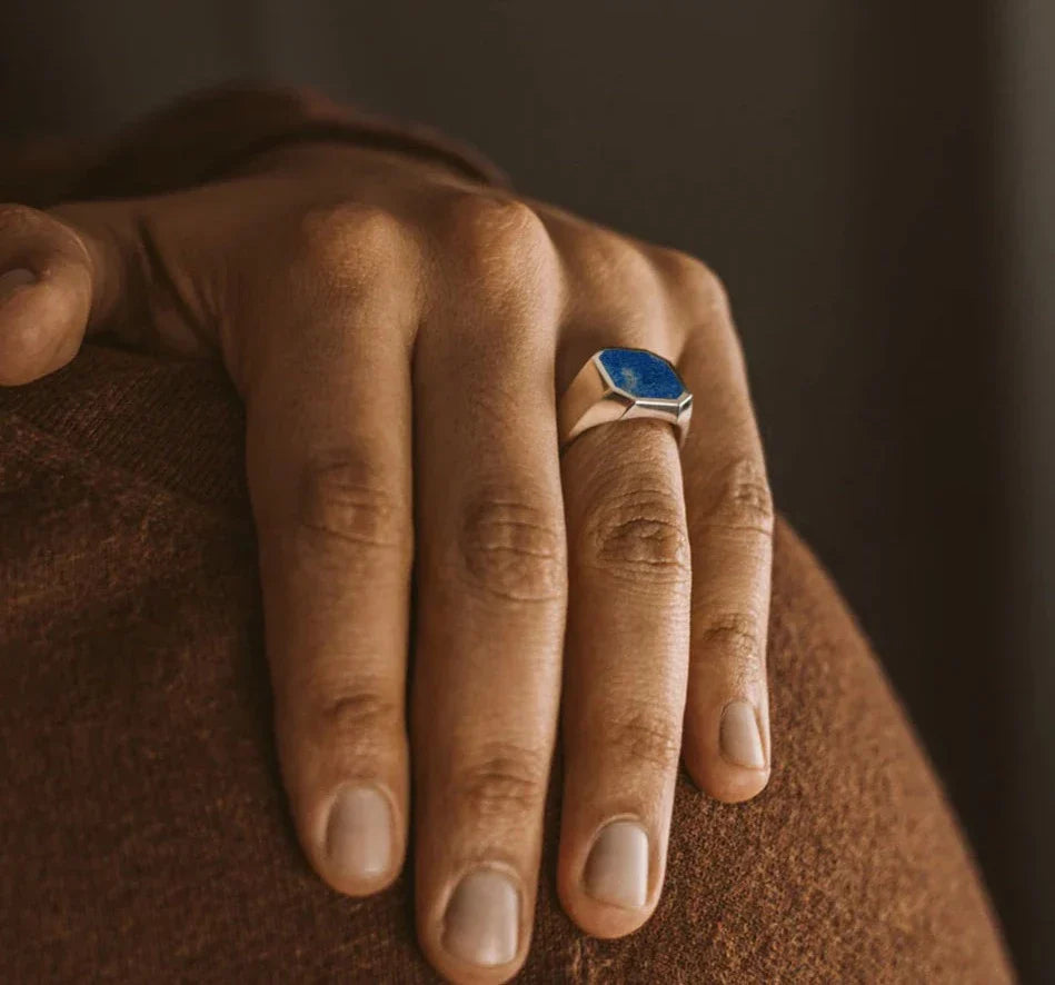Zyan Gems | Classic Signet Ring with Natural Lapis Lazuli | Sterling Silver Ring