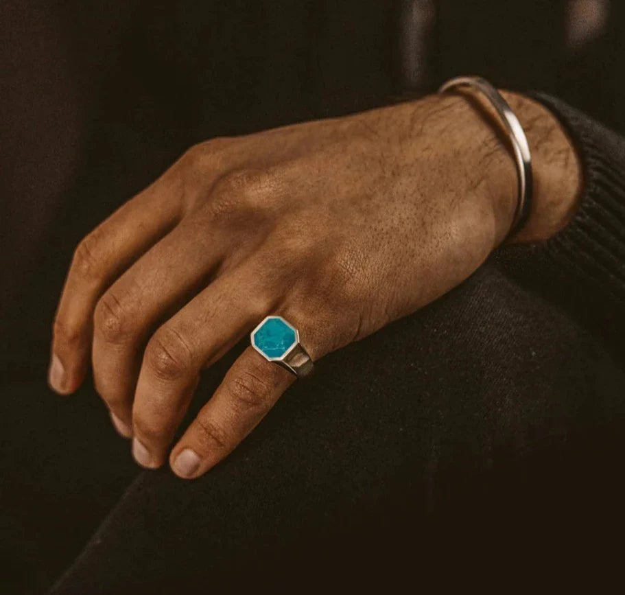 Zyan Gems | Classic Signet Ring with Natural Blue Turquoise | Sterling Silver Ring