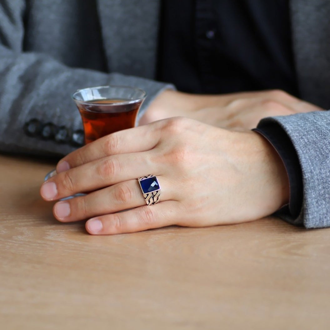 Zyan Gems | Unique Turkish Style Ring with Faceted Blue S Sapphire | Sterling Silver Oxidized Ring