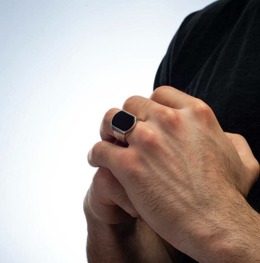Zyan Gems | Unique Turkish Style Personalized Name Initial Ring with Natural Black Onyx | Sterling Silver Oxidized Ring