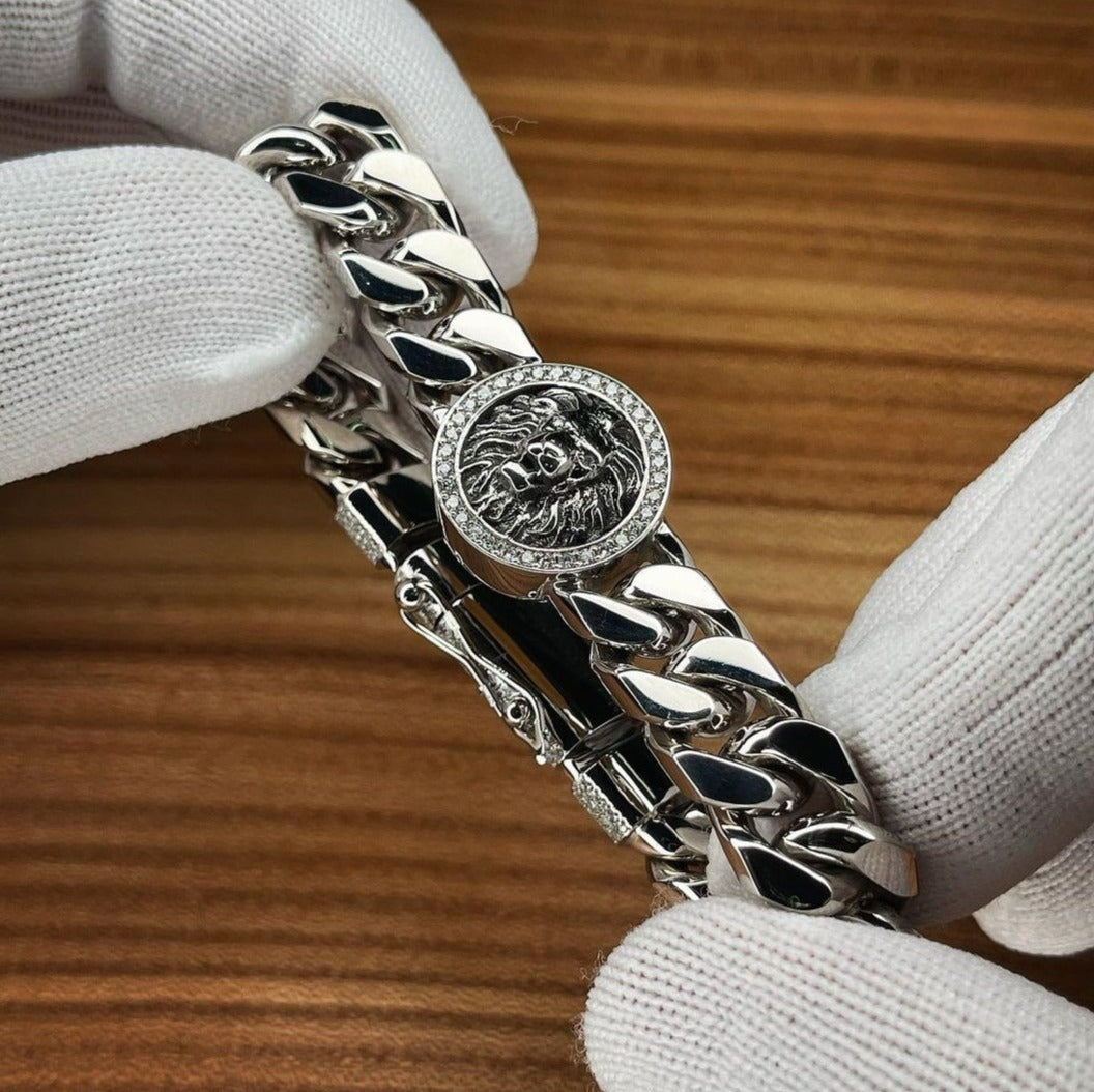 Unique 13mm Solid Cuban High Polished Lion Bracelet with Iced custom Letter Lock for Men | Sterling Silver Bracelet