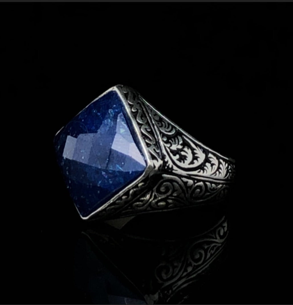 Zyan Gems | Unique Turkish Style Ring with Faceted Natural Blue Lapis Lazuli | Sterling Silver Oxidized Ring