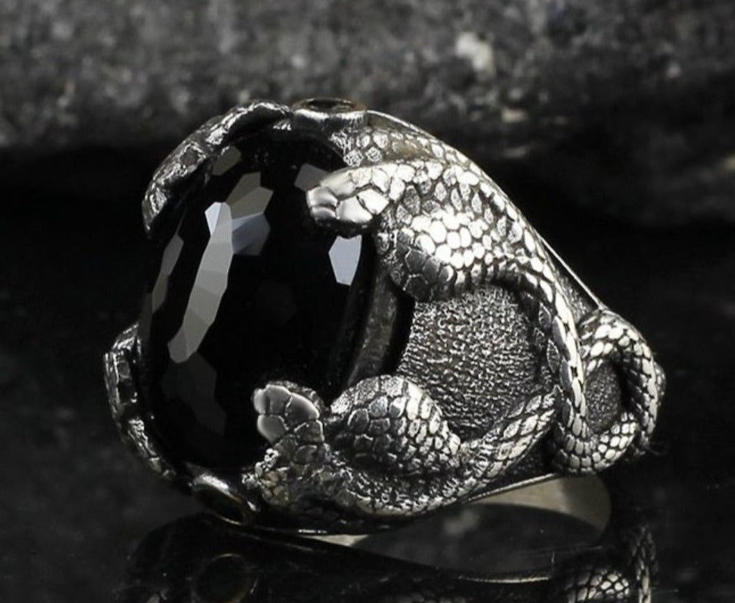 Zyan Gems | Unique Designed Snake Ring with Black Zircon | Sterling Silver Oxidized Ring