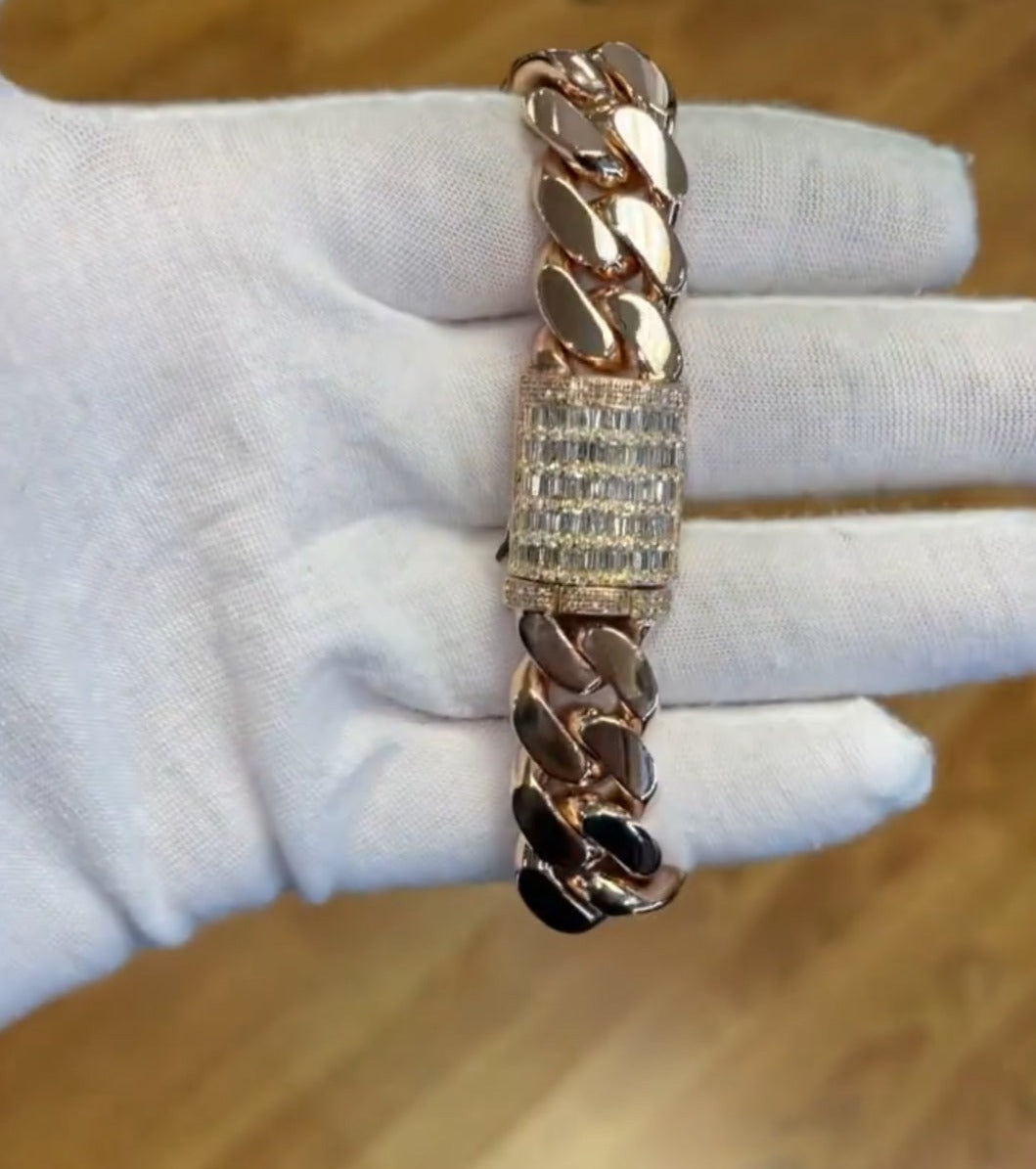 Zyan Gems | 16mm wide Solid Miami Cuban Link Bracelet With Iced Lock in Baguettes | Rosegold Plated Sterling Silver Bracelet
