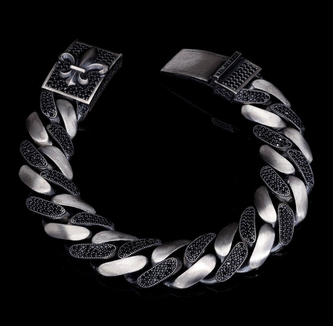 16mm wide Unique Fleur-De-Lis Black Iced Cuban Link Bracelet for Men | Dark Oxidized Silver Bracelet