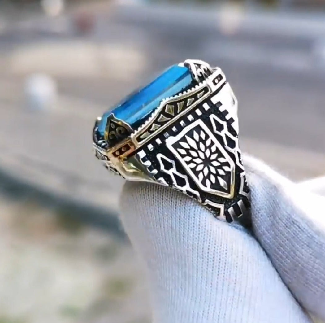 Zyan Gems | Unique Designed Turkish Style Ring with Natural Blue Topaz | Sterling Silver Oxidized Ring