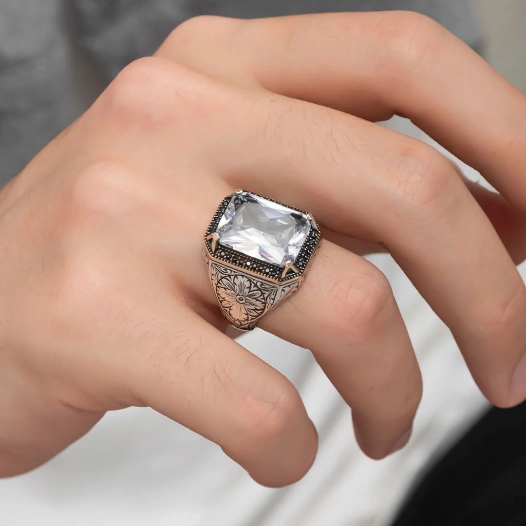 Zyan Gems | Unique Designed Turkish Style Ring with White Zirconia | Sterling Silver Oxidized Ring