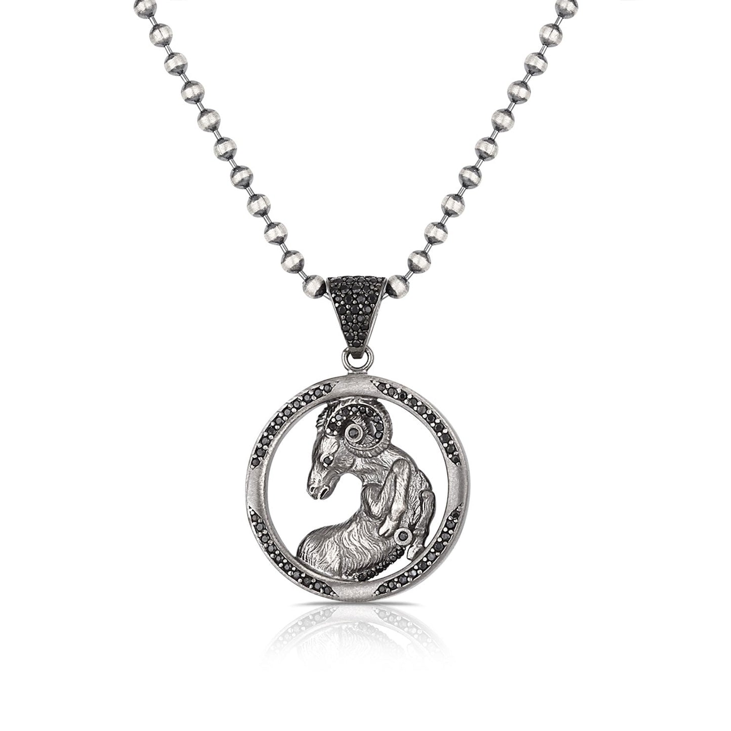 Zyan Gems | Unique Aries Zodiac Designed Pendant Studded with Black Zircons | Unisex Sterling Silver Oxidized Pendant