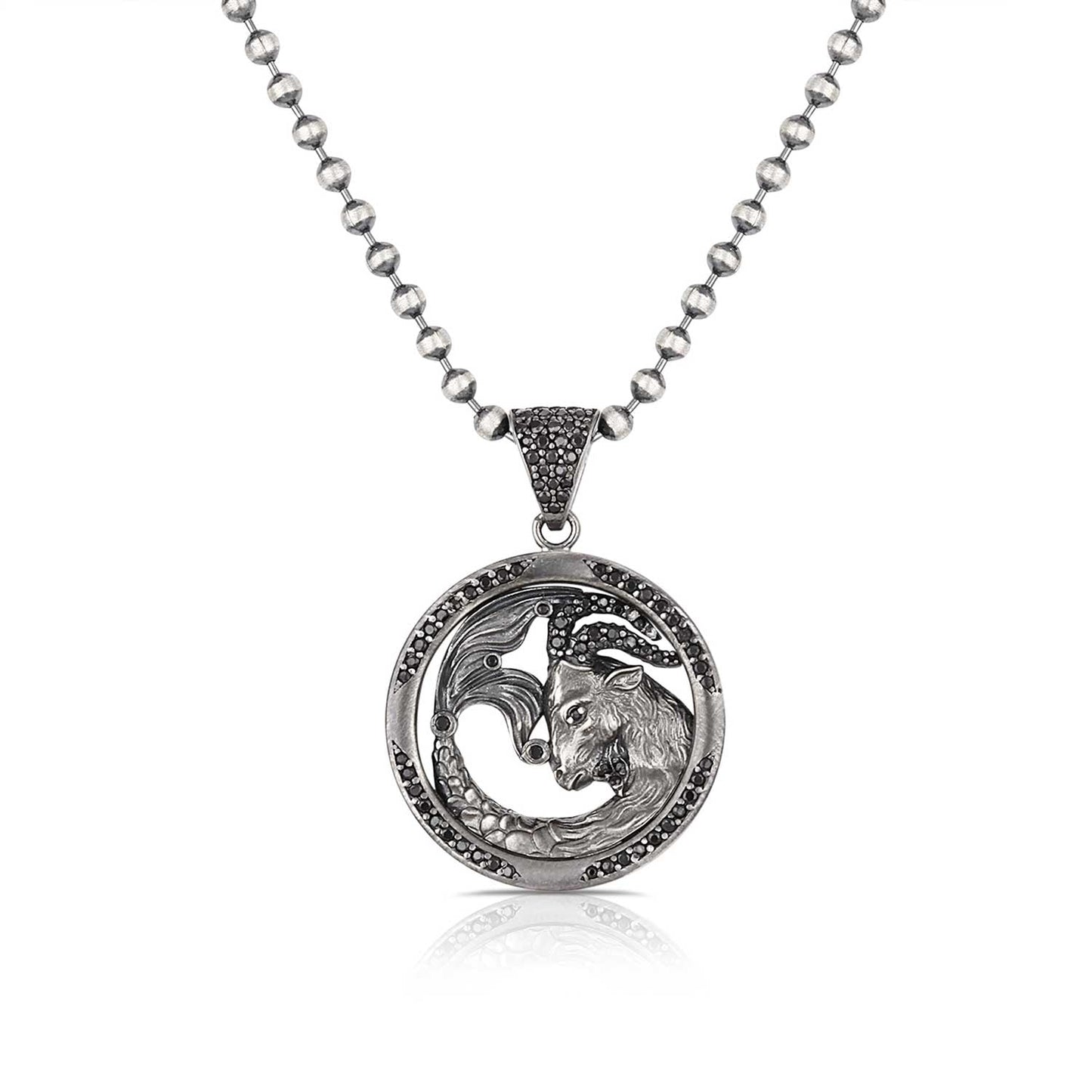 Zyan Gems | Unique Capricorn Zodiac Designed Pendant Studded with Black Zircons | Unisex Sterling Silver Oxidized Pendant