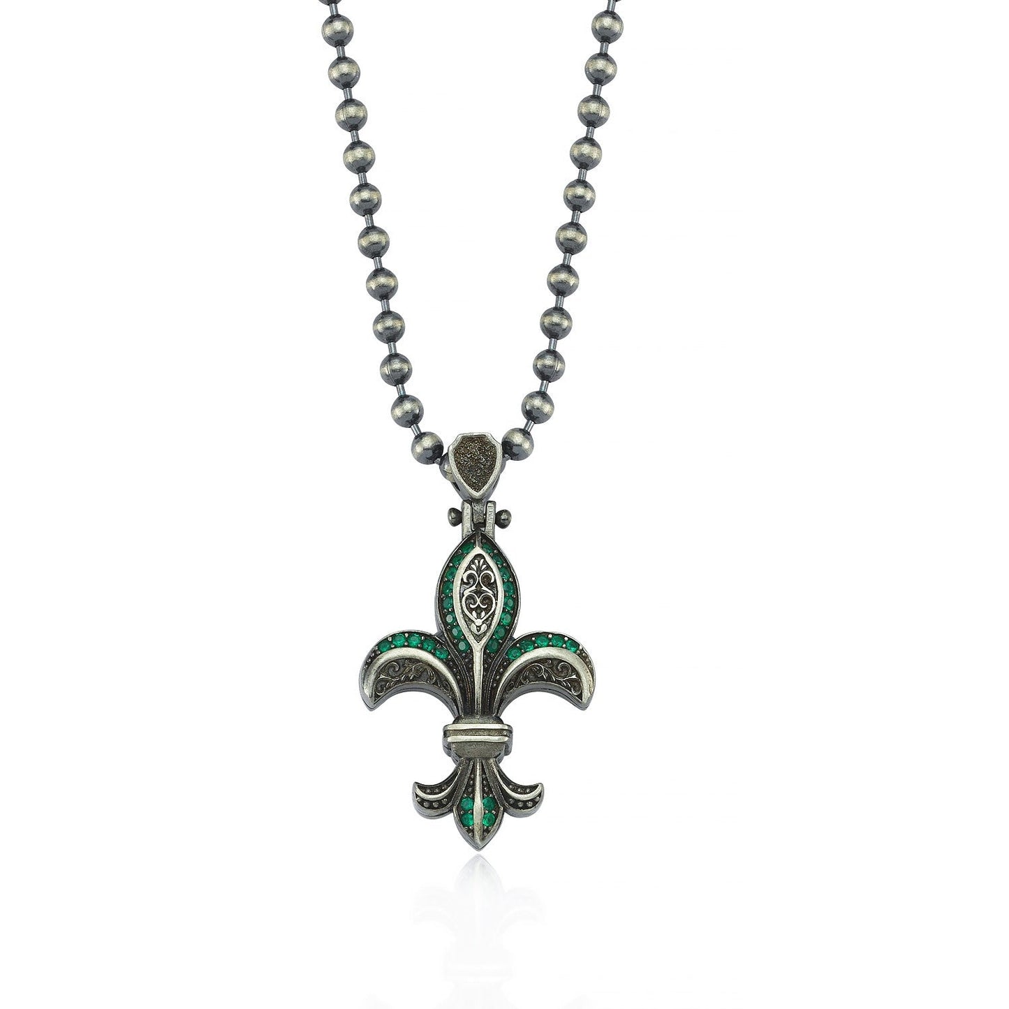 Zyan Gems | Unique Designed Fleur-De-Lis Symbol Pendant Studded with Green & Black Zircons for Men | Sterling Silver Oxidized Pendant