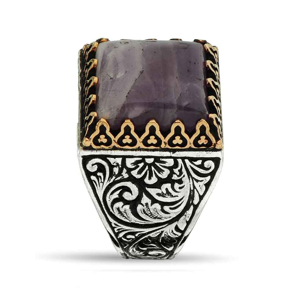 Zyan Gems | Unique Designed Turkish Style Premium Ring with Purple Amethyst | Sterling Silver Oxidized Ring