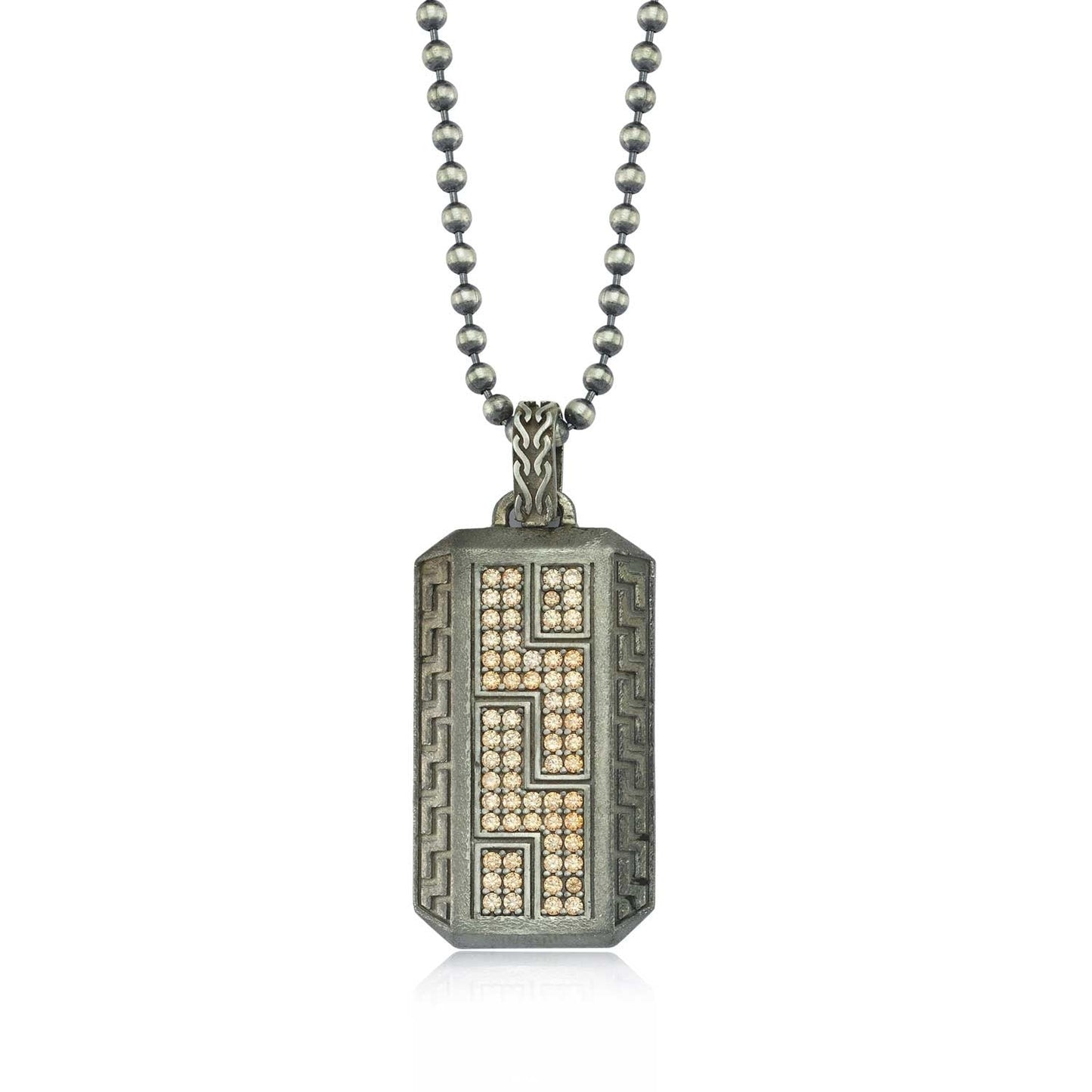 Zyan Gems | Unique Greek Pattern Pendant Adorned with Cubic Zircons for Men | Sterling Silver Oxidized Pendant