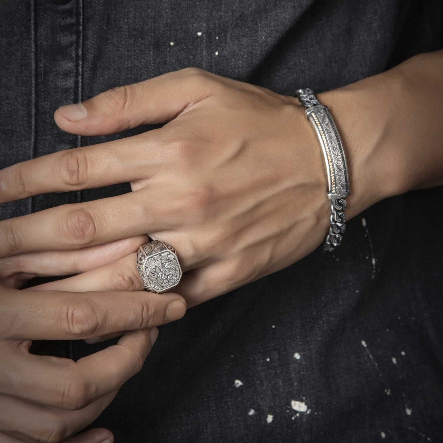 Zyan Gems | Unique Design Engraved Bracelet for Men | Oxidized Silver Bracelet