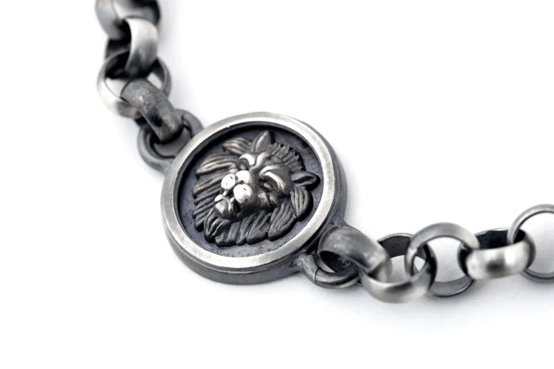 Zyan Gems | Unique Oxidized Lion Head Bracelet for Men | Sterling Silver Bracelet