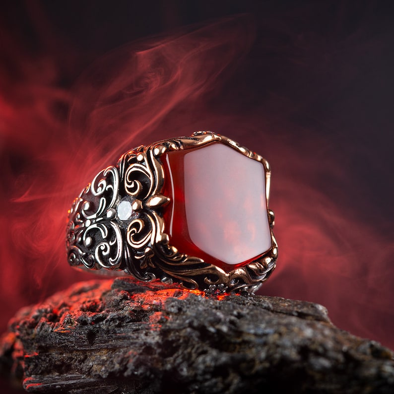 Zyan Gems | Unique Turkish Style Ring with Natural Red Agate | Sterling Silver Oxidized Ring