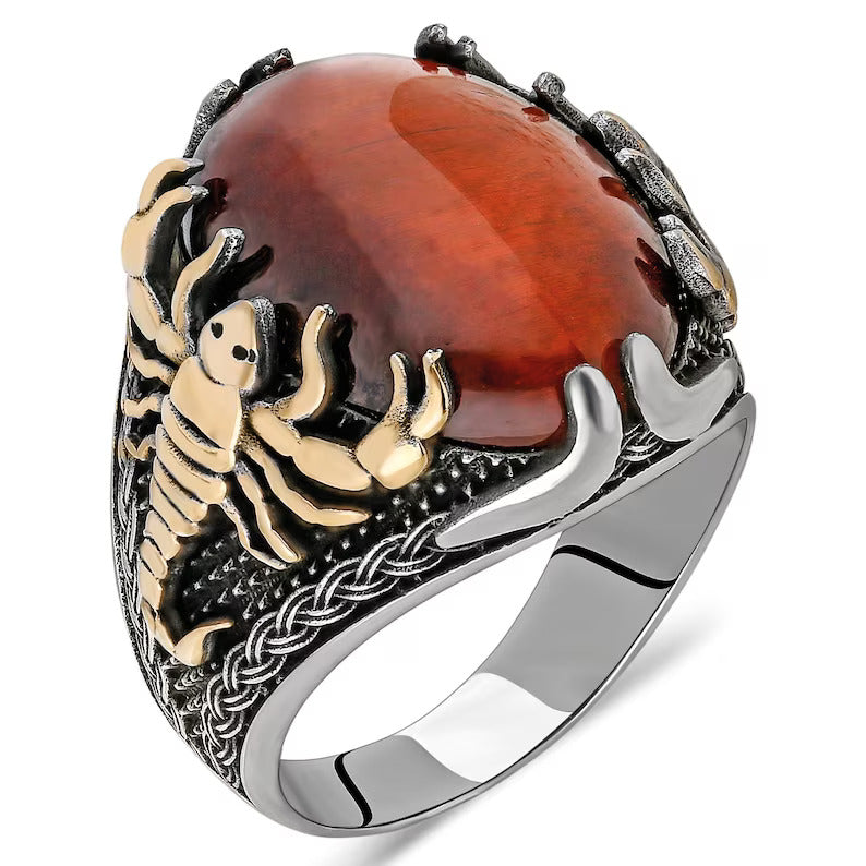 Zyan Gems | Unique Designed Turkish Style Ring with Natural Tiger Eye | Sterling Silver Oxidized Ring