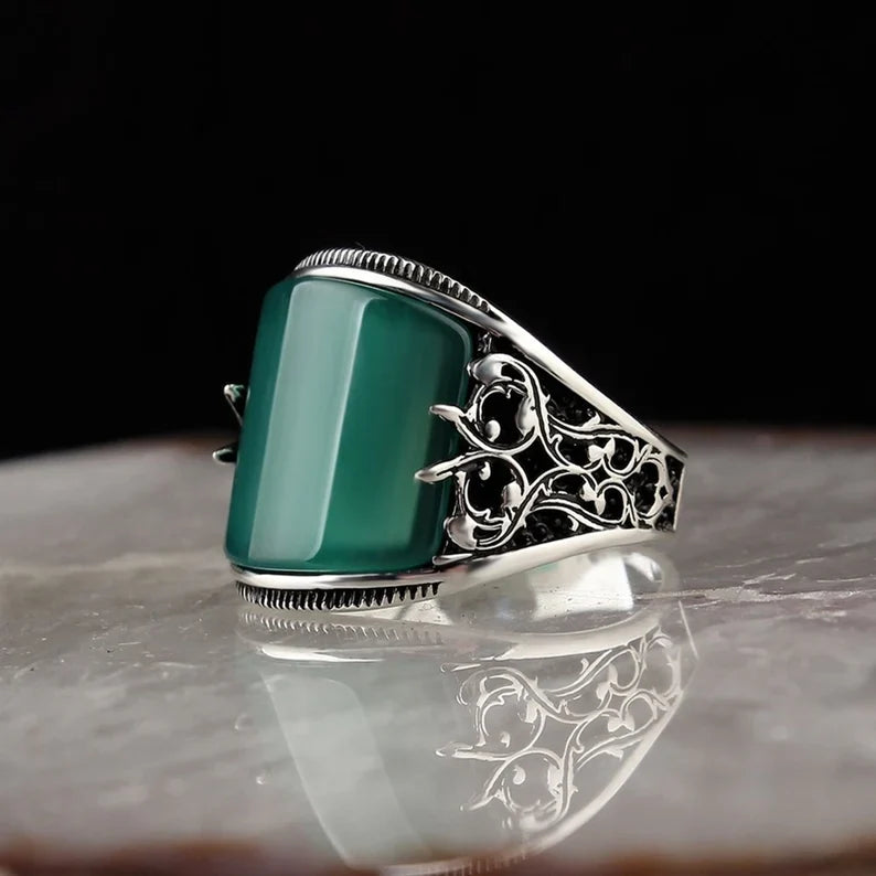 Zyan Gems | Unique Turkish Style Curved Ring with Green Onyx | Sterling Silver Oxidized Ring