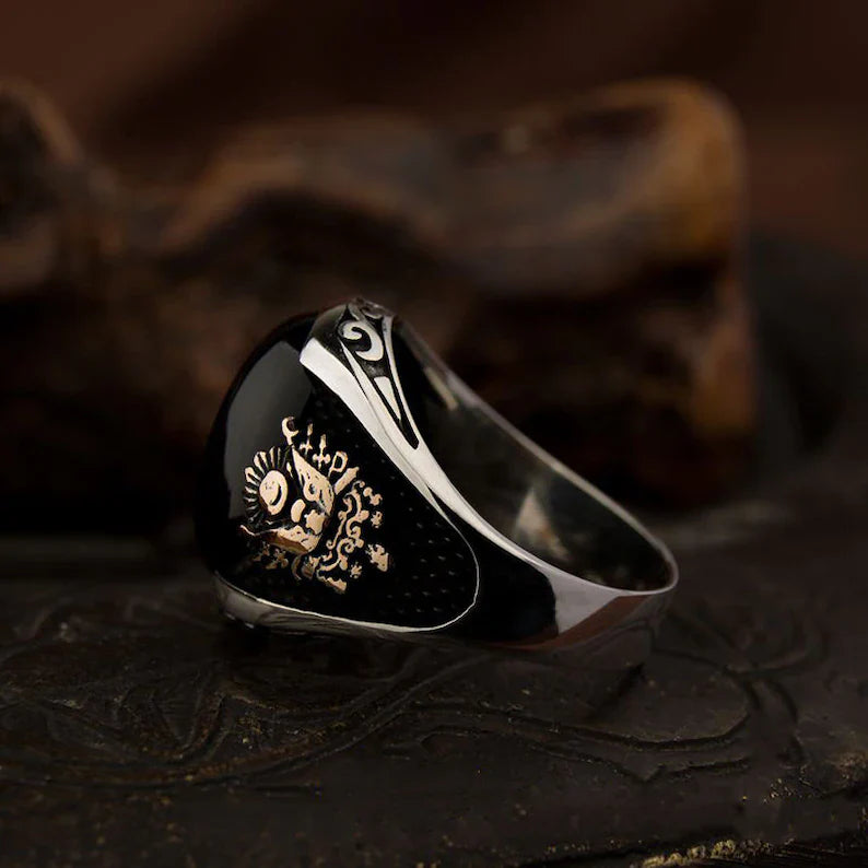 Zyan Gems | Unique Turkish Style Ring with Natural Black Onyx | Black Rhodium & Gold Plated Sterling Silver Ring