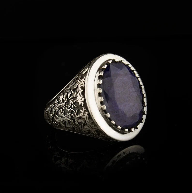 Zyan Gems | Unique Designed Turkish Style Ring with S Sapphire, Sterling Silver Oxidized Ring